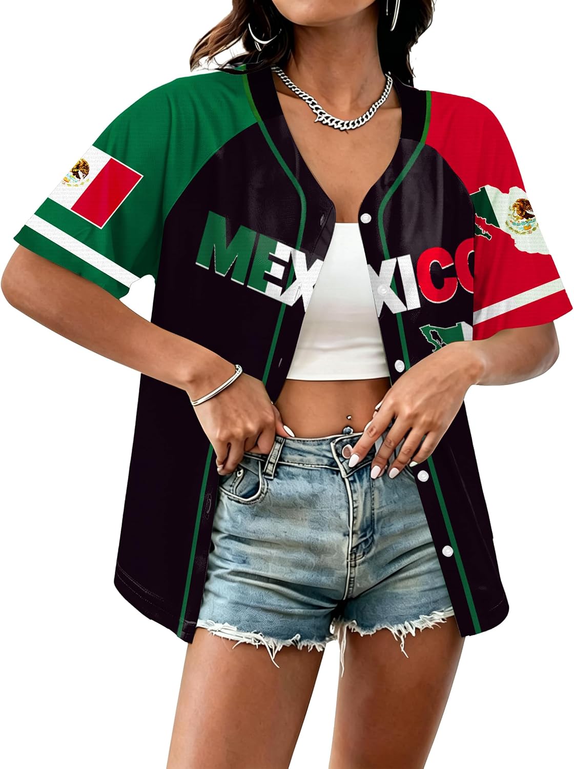 LAZYCHILD Mexico Jersey for Women Mexico Shirt Mexican Flag Button Down Top