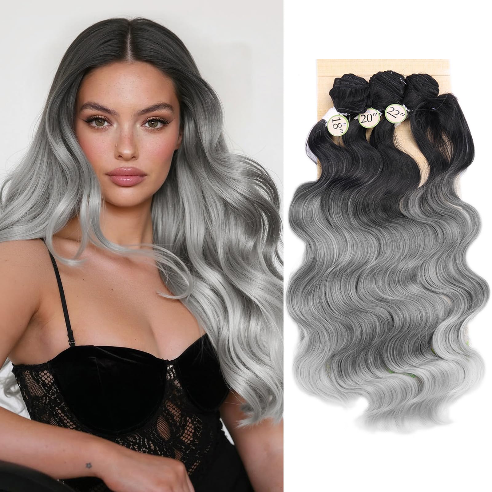 HANNE Ombre Color Hair Synthetic Hair Bundles With Closure Body Wave 18"20"22" with Closure Heat Resistant Fiber Hair Colorful Synthetic hair