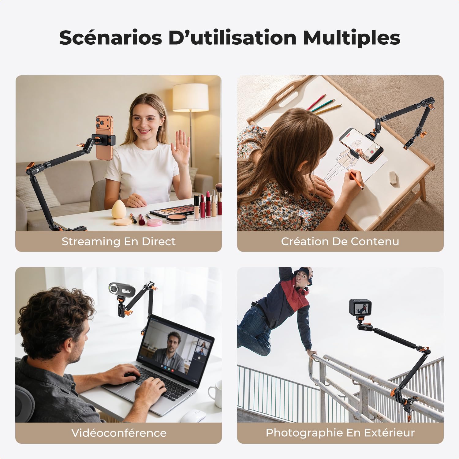 K&F CONCEPT Kit Bras Magique 22" avec Pince, Support Caméra de Bureau Articulé pour Téléphone, Caméra d'action, Lumière LED, Microphone