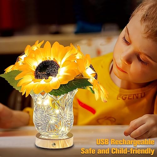 Miniatura 8 de Lámpara de Escritorio de Flores, Lámpara de Mesa de Girasol USB Recargable con Toque, Atenuación Sin Escalas, Lámpara de Noche con Plantas