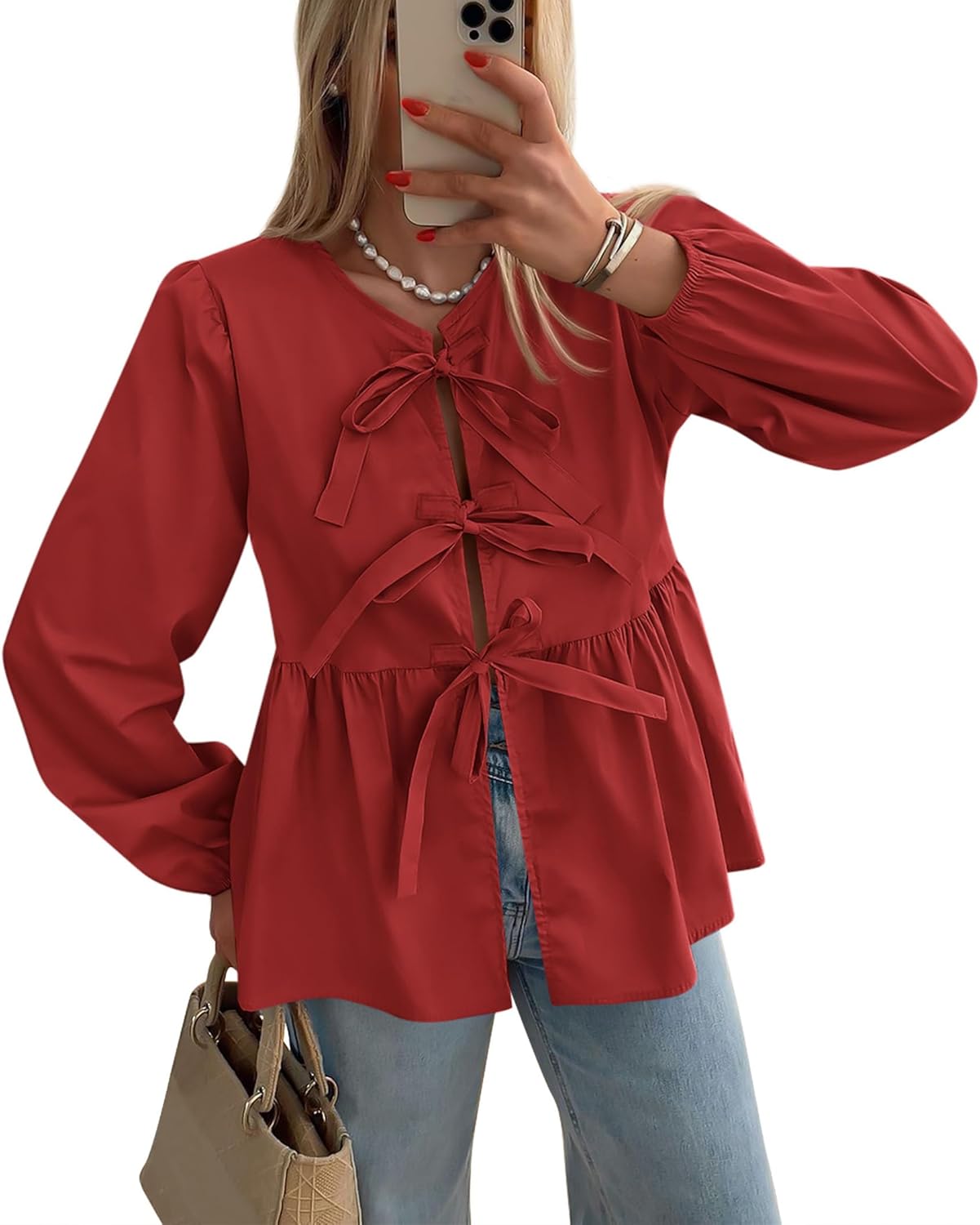 PRETTYGARDEN Women's Spring Fall Babydoll Peplum Blouse Shirt Puff Long Sleeve Bow Tie Front Trendy Cute Y2K Going Out Tops