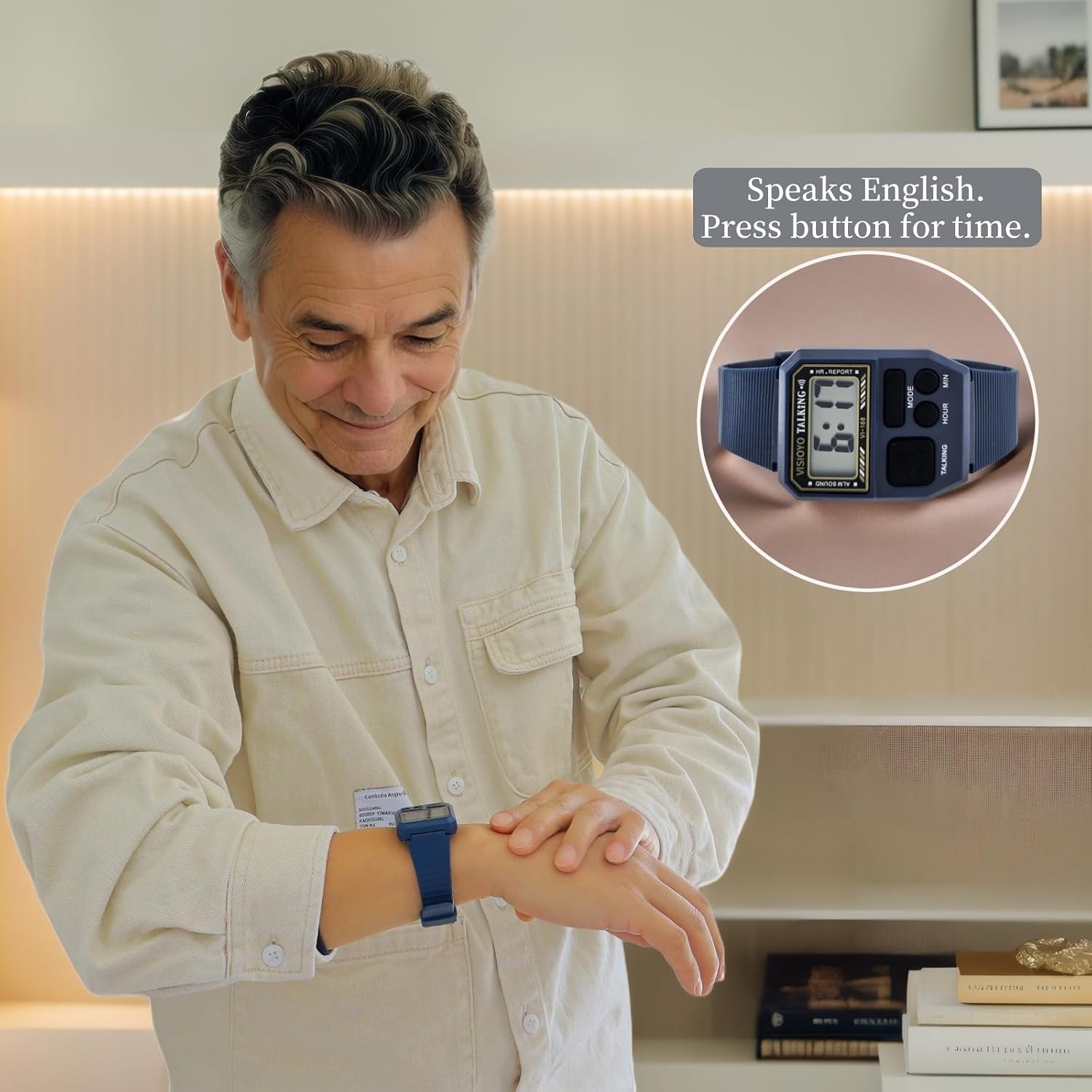 Rectangle English Talking Watch for the Blind & Visually Impaired - Easy-to-Use Voice Announcement Watch with Alarm Function (Blue)