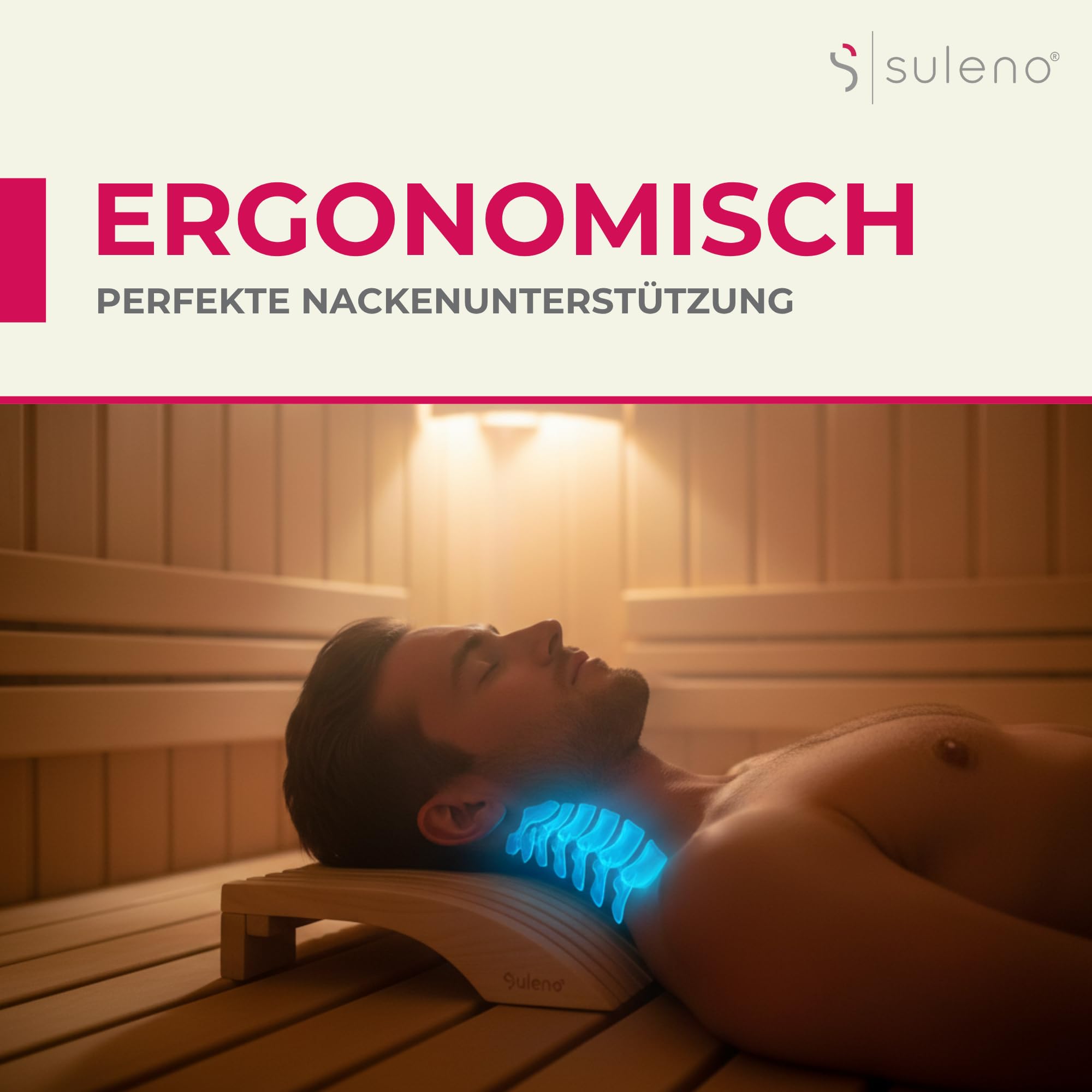 SULENO Sauna Kopfstütze Holz Espe, ergonomische Saunakopfstütze für Kopf & | Nacken, Hochwertiges Sauna Zubehör, hygienisch & langlebig, Saunazubehör Nackenstütze & Kopfkeil, Modell ESKE, Rückenlehne