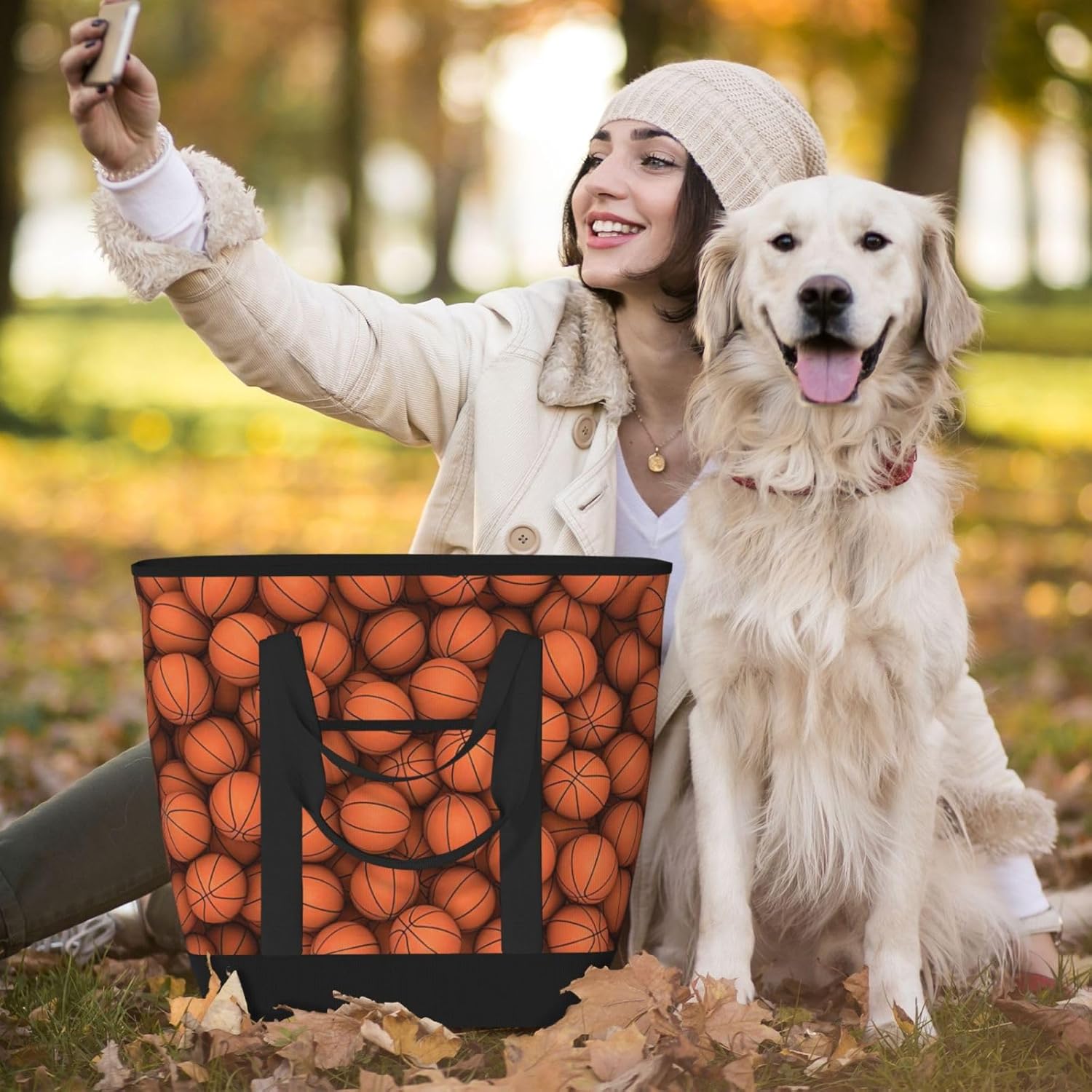 Basketball Orange Print Large Cooler Bag Tote Bag,Reusable Grocery Bag,Lunch Box Bag, For Picnic Beach Camping