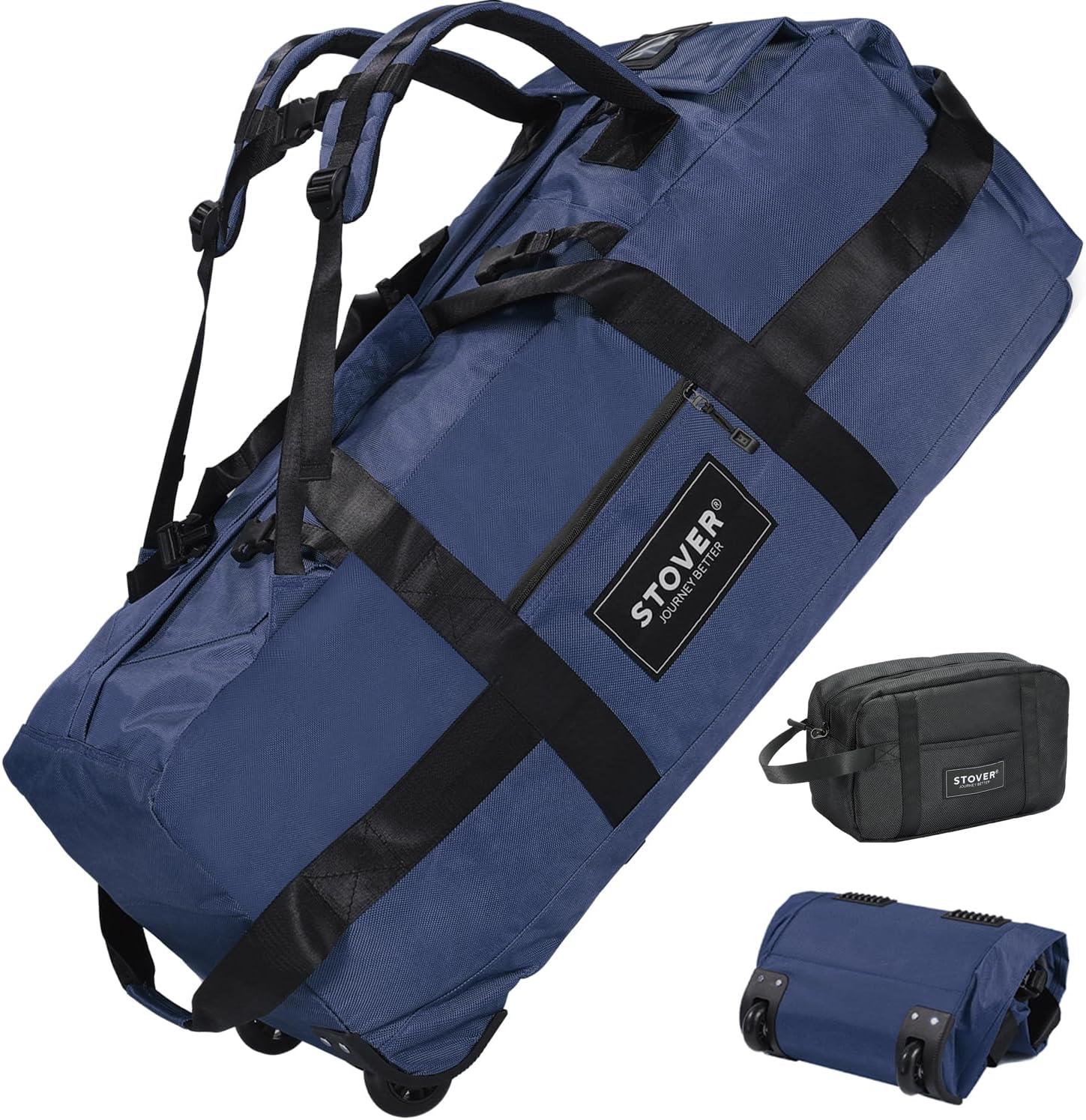 STOVER 80L Rolling Duffel Bag with Wheels, Large 31 Inch Durable Travel Duffle + Toiletry Bag, Heavy Duty, Packable, Foldable w/Shoulder Straps- Use as Luggage or Backpack, Men/Women (Blue)
