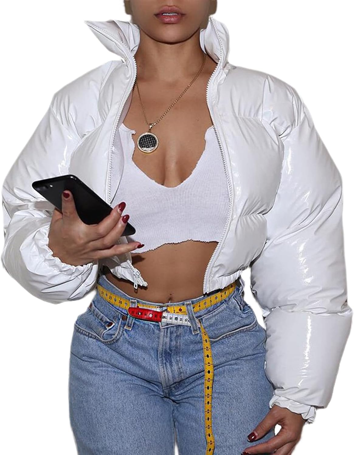 UANEO Women's Cropped Puffer Jacket Winter Shiny Zip Up Short Bubble Puffy Coats