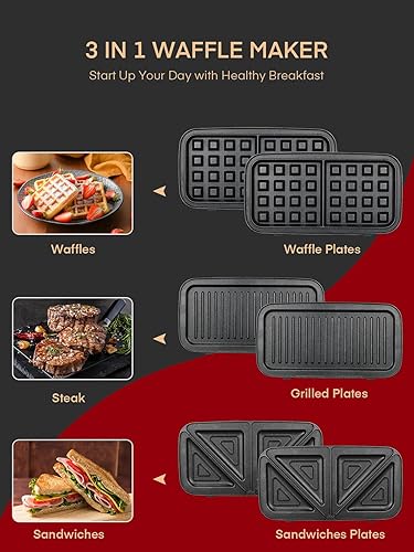 Miniatura 5 de FOHERE Waffle Maker 3 en 1 Sandwichera 1200W Plancha Panini con Placas Extraíbles y Control de Temperatura de 5 Niveles, Revestimiento Antiadherente