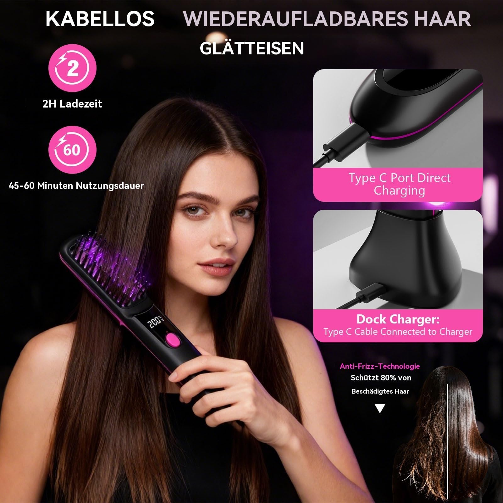 Cefryna Stylingbürste, Stylingbürste Für Kurze Haare, 3 Temperaturstufen, Tragbar & Wiederaufladbar Styling Bürste Für Reisen Und Täglichen Gebrauch (D)