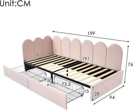 BTM Pink Single Bed Frame, Kids Bed with 2 Drawers,3FT-90x190cm Sofa Bed with Slatted Frame, Pink Velvet(No Mattress)