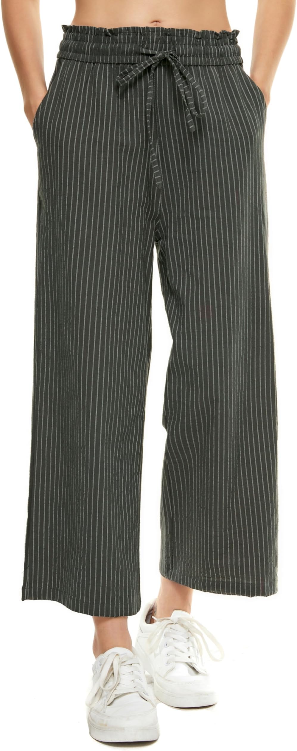 LNX Womens Linen Capri Pants Wide Leg High Waisted Drawstring Casual Cropped Pants with Pockets