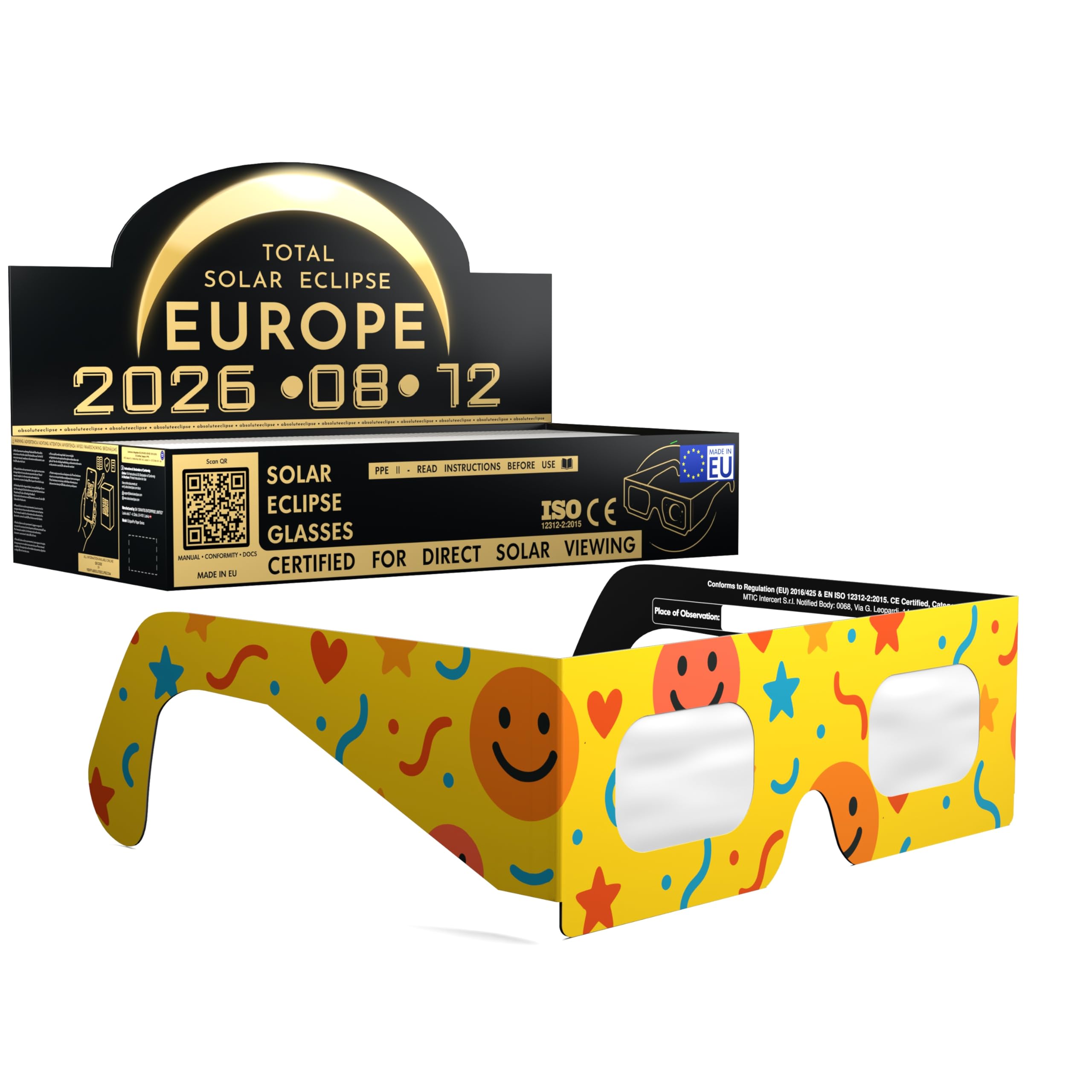 Absolute Eclipse Divertidas gafas solares para eclipse al por mayor – Probado ISO 12312-2 y certificado CE – Fabricante de la UE recomendado por AAS – Eclipse Europe 2026