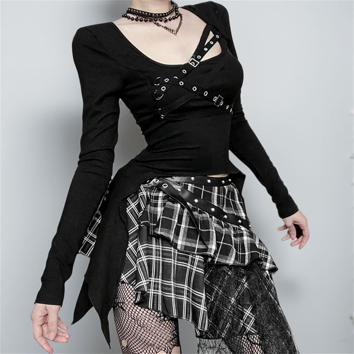 Women Hip Hop Punk Scoop Neck Buckle Cropped T Shirt - Long Sleeves Asymmetrical Goth Streetwear Hippie Top Tee - Image 2