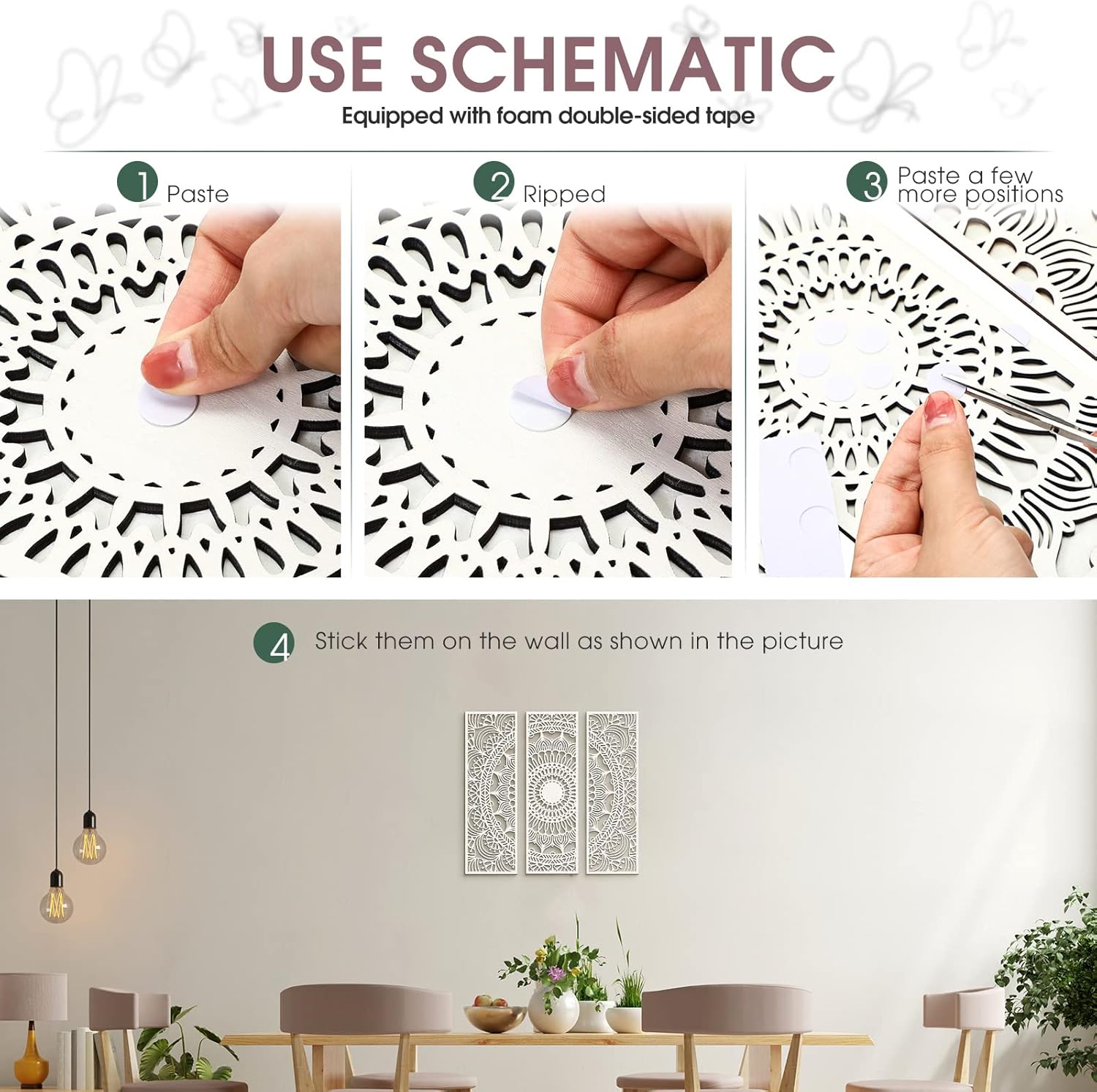 الذكي - مجموعة قطع زينة فنية جدارية منحوتة من الخشب بتصميم ماندلا وزهور لديكور للحائط بتصميم أنيق وعصري لتزيين المنزل والمطبخ والحمام 40 × 13 سم من 3 قطع، أبيض 2026 - view 6