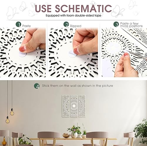 Miniatura 6 de Blulu Juego de 3 piezas de arte de pared de madera tallada con diseño de mandala, diseño floral estético de madera, decoración de casa de campo,