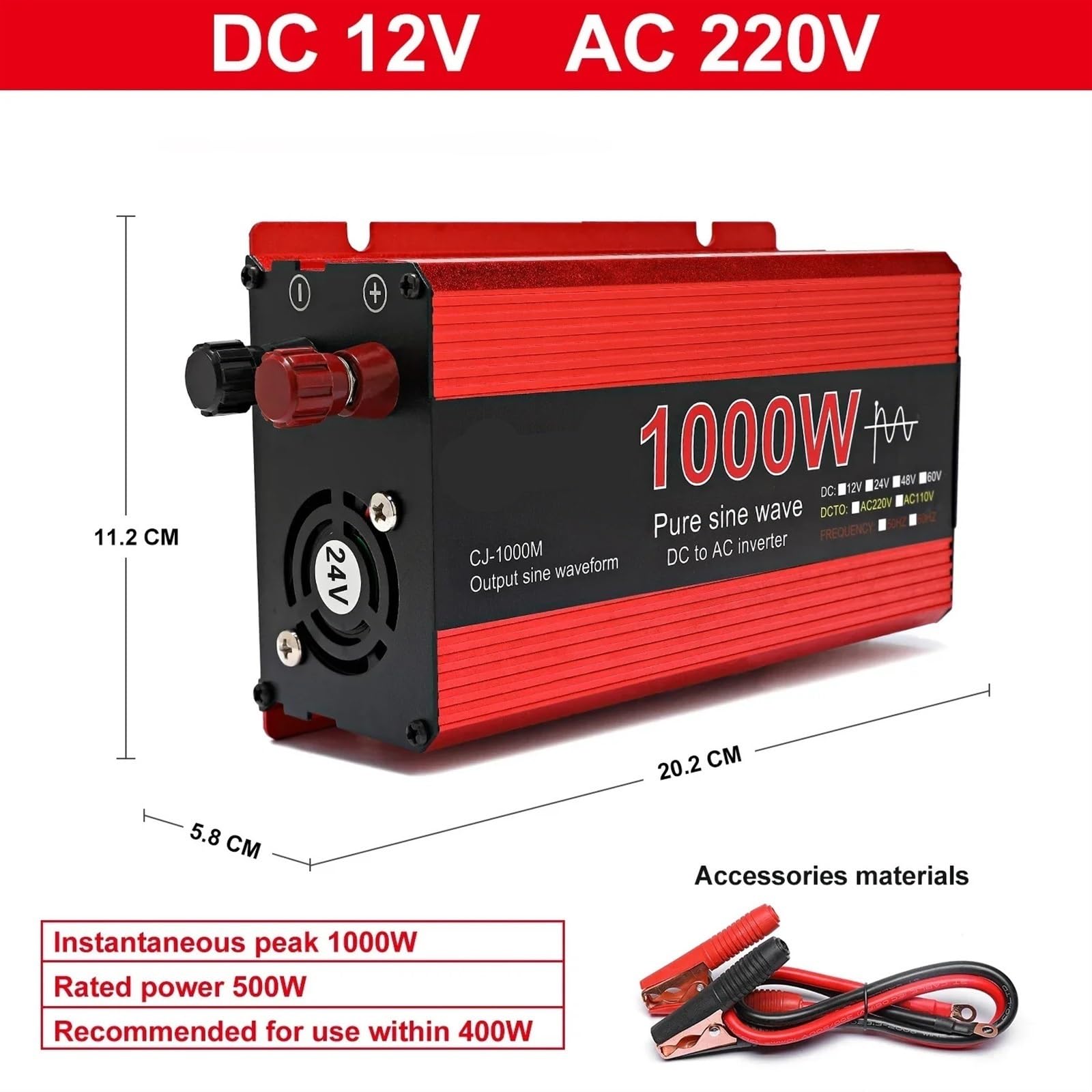 Inverter Solare, Inverter di potenza 1000W 2000W 2200W 3000W Convertitore di tensione di trasferimento di onda sinusoidale pura da batteria CC a CA(1000W)