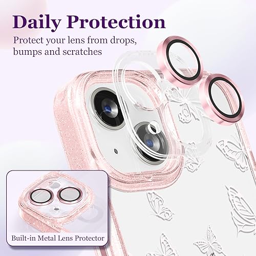Miniatura 2 de Funda compatible con iPhone 15, bonita estética, funda para teléfono con protector de cámara, diseño de mariposa femenina con diseño de correa para