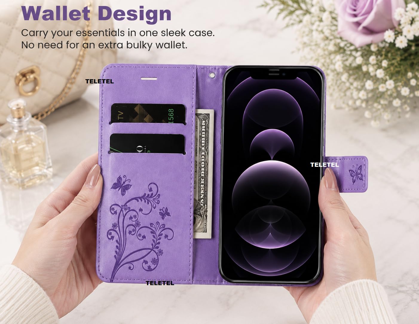 TELETEL Diva Series Butterfly Embossing Pu Leather Flip Wallet Case Cover with Card Holder | Magnetic Closure (Purple) for Redmi Note 11 & Redmi Note 11S 4