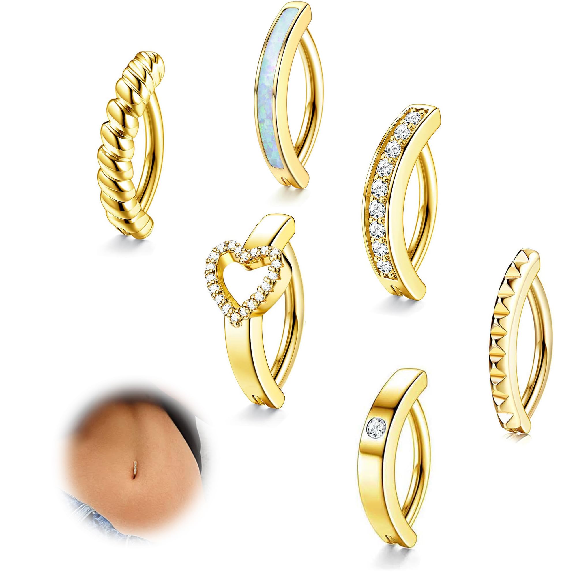 FIOROYAL 6Piezas 14G Piercing Ombligo Plata Oro Clicker Piercing Ombligo Aro Circonio Ópalo Corazón Curvo Piercing Ombligo Anillos Verano Corporal Piercing Joyas