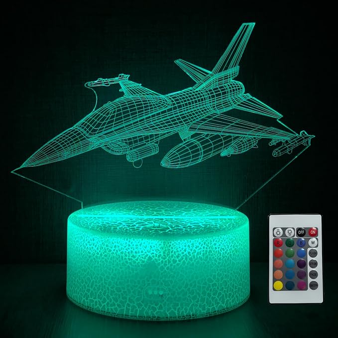 JOCHUI Warplane Night Light, Fighter Plane 3D Illusion Table Lamp with 16 Colors Remote Control Touch Lamp LED USB Night Light Desk Lamps Room Decorations Home Decor Holiday Gifts Birthday Gifts