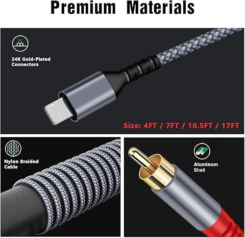 Miniatura 6 de Certificado MFi Adaptador auxiliar de audio de 10.5 pies de iluminación a RCA, cable de audio divisor en Y de 2 machos compatible con iPad, iPhone