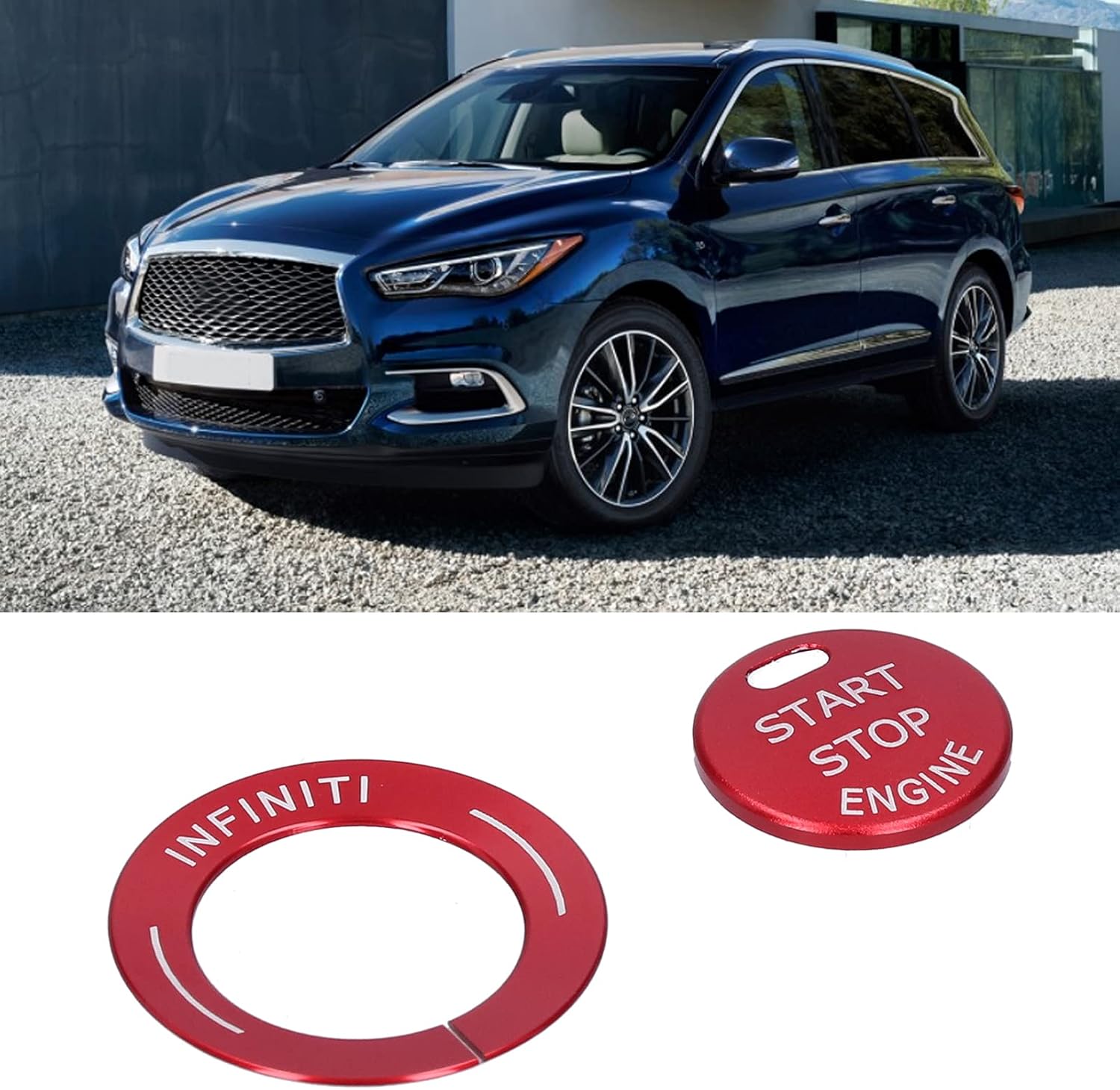 Engine Start Push Button Cover Trim,2pcs Engine Start Stop Button Trim Cover Aluminum Alloy Decor Fit for Q50L QX60(Red)