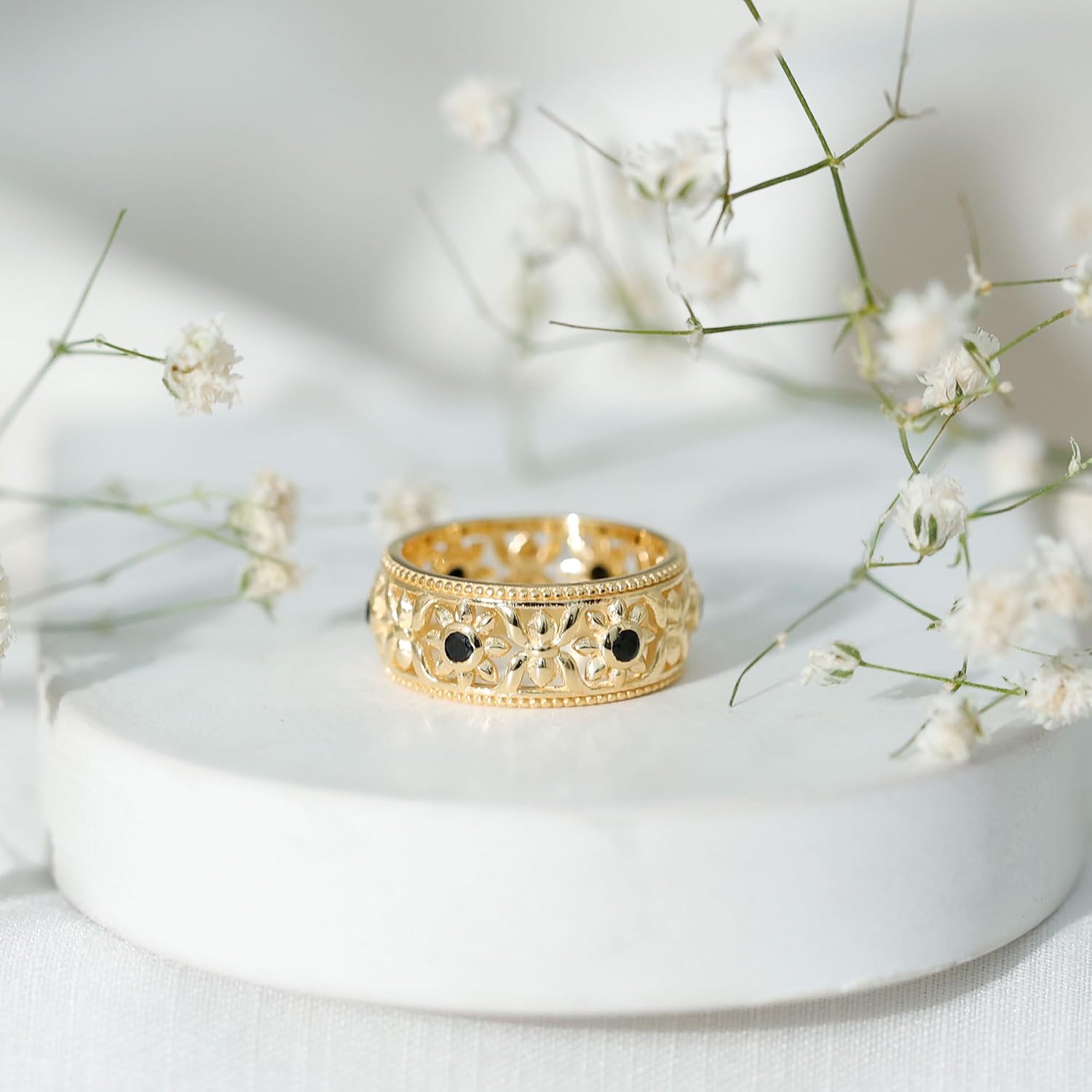 Natural Black Spinel Flower Wedding Band, Aaa Quality, Bezel Set Black Spinel Eternity Ring (Ideal For Gift)