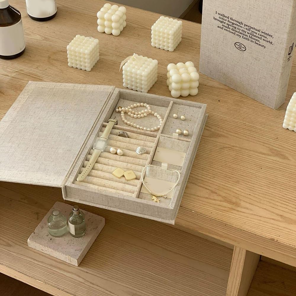 Présentoir à bijoux Linen Jewelry Organizer Box with Compartments