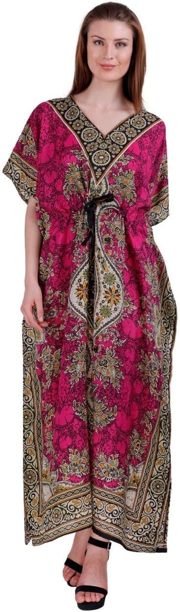 Classic Curves Women's Polyester Floral Maxi Kaftan Nightgown (CC365214_Pink)