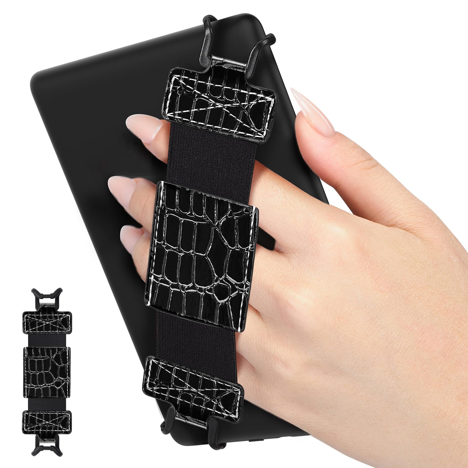 MoKo Weich Handschlaufe für 6" - 8" Kindle eReaders Fire Tablet - Kindle/Kobo/Voyaga/Lenovo/Sony E-Book Tablet Tablet, Hochelastisch Vielseitig Tablet Fingerhalterung Griff Halter, Krokodil Schwarz