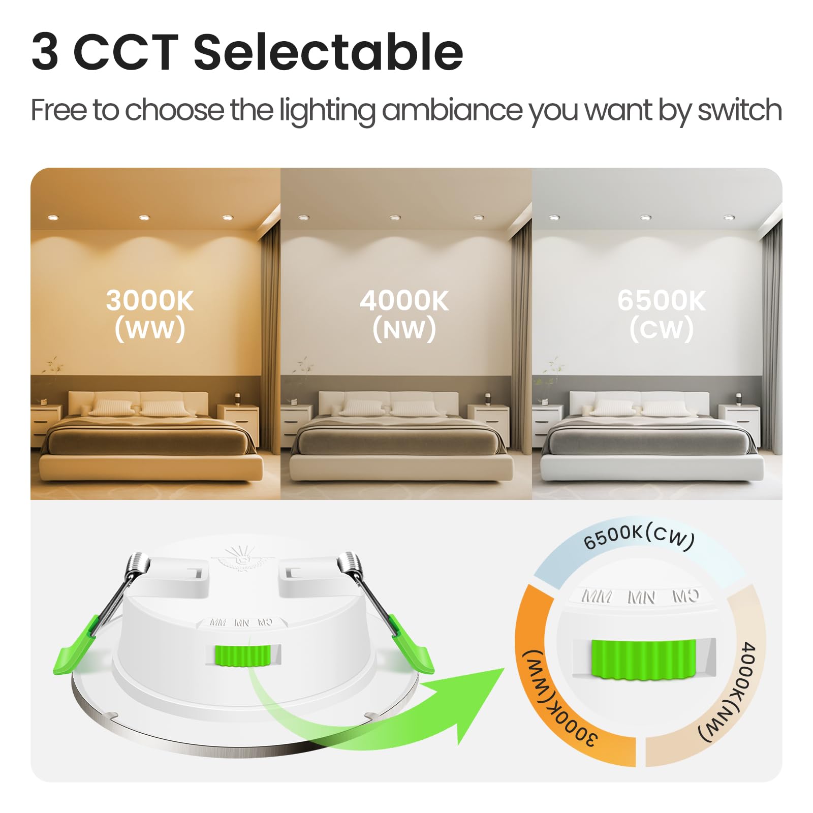 ALUSSO LIGHTING Focos Led Interior Techo,7W 550LM downlight led techo empotrable,3CCT 3000K 4000K 6500K, IP44 Corte 90-100mm, Foco Empotrable Led Techo Para baño,Cocina, dormitorio,Níquel,6 Pack
