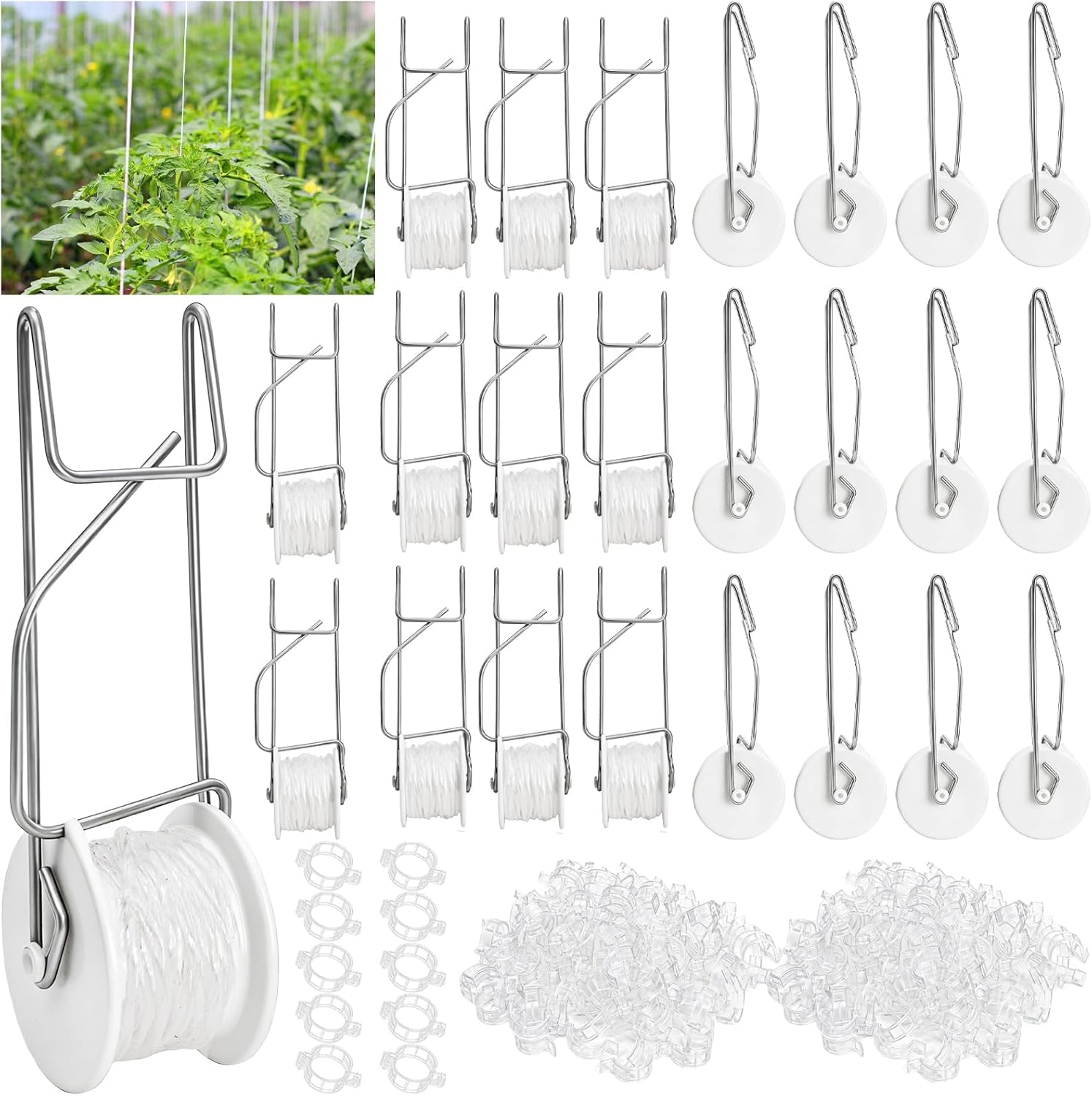 Yarlung 24 Pack Tomato Trellis Roller Hooks with 49.2 Feet String and 240 Pcs Support Clips for Tomato, Grape, Climbing Plants, Greenhouse, Flower Vine, Garden Twine Crop Trellis Kit