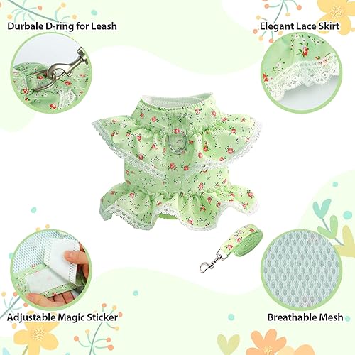 Miniatura 2 de Juego de arnés de vestido para perro con correa, arnés de cachorro de flores rosas, linda ropa de princesa de encaje para perritos, malla suave y