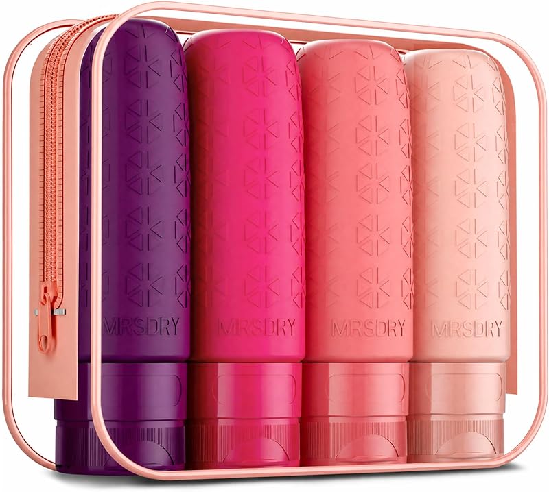 Mrsdry Frascos de Silicone Recarregáveis para Viagem, 90 mL, com Tampa de Válvula e Estojo, Pacote com 4