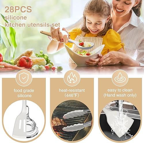 Miniatura 4 de AIKKIL - Juego de utensilios de cocina de silicona, juego de 28 utensilios de cocina blancos con asas de madera, pinzas, espátula, servidor de