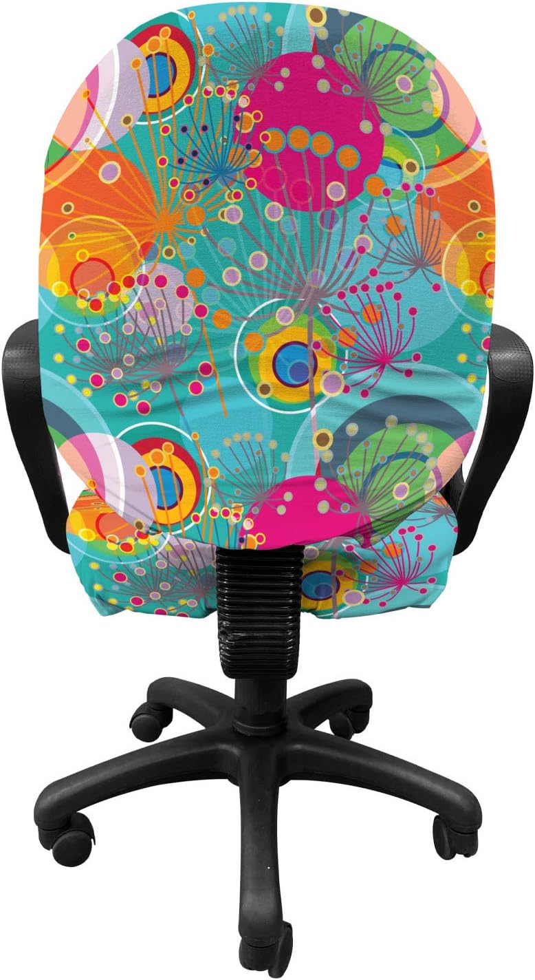 Ambesonne Floral Office Chair Slipcover, Dandelions Flowers Circles Vibrant Spring Sun Rays Girls Concept, Protective Stretch Decorative Fabric Cover, Standard Size, Turquoise Pink