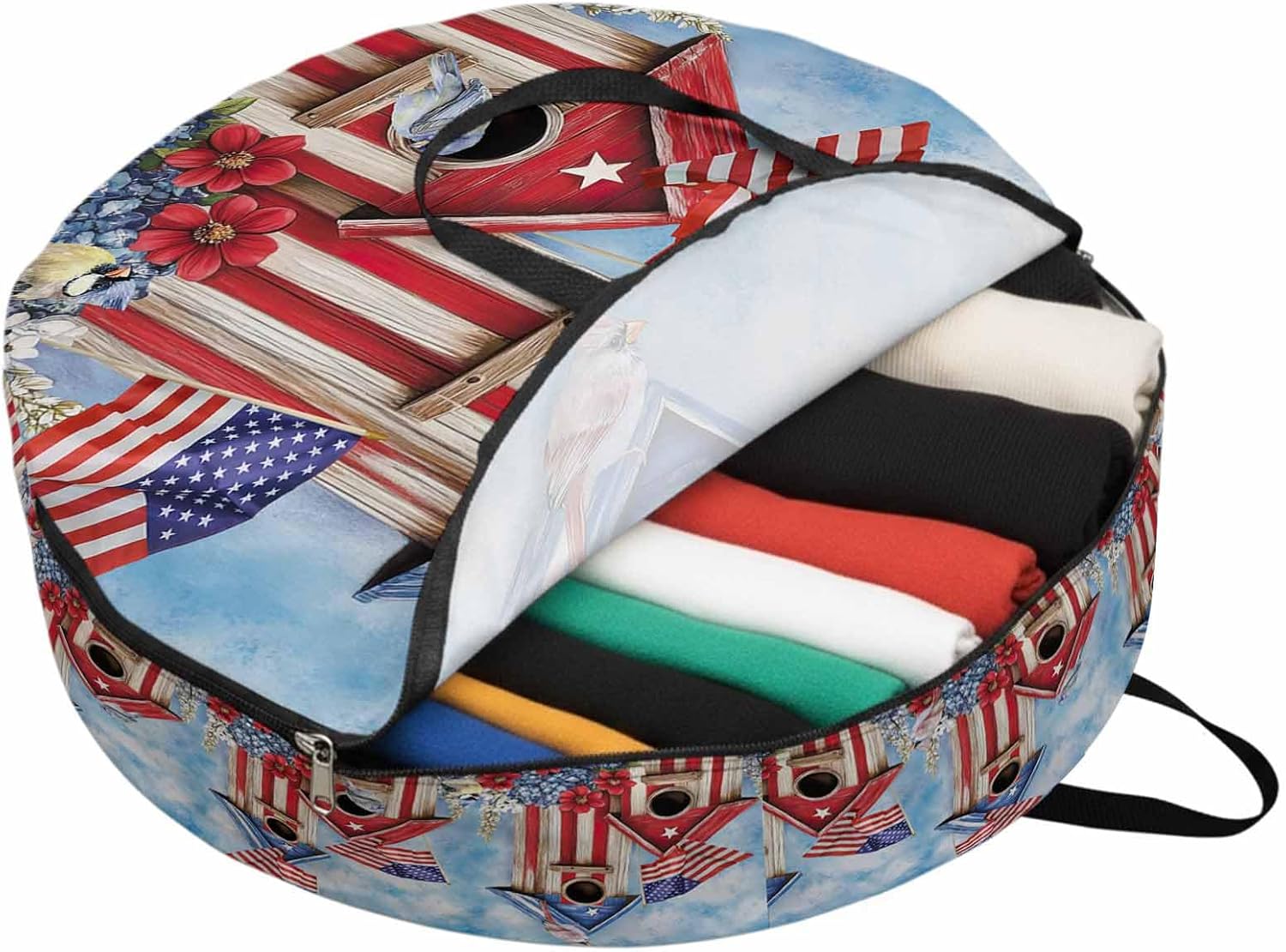4th of July Round Storage Bag 36 Inch, US Flag Butterfly Bird Flower Wooden House Clothes Storage Container with Handles Heavy Duty Organizer for Comforter, Bedding & Holiday Wreaths