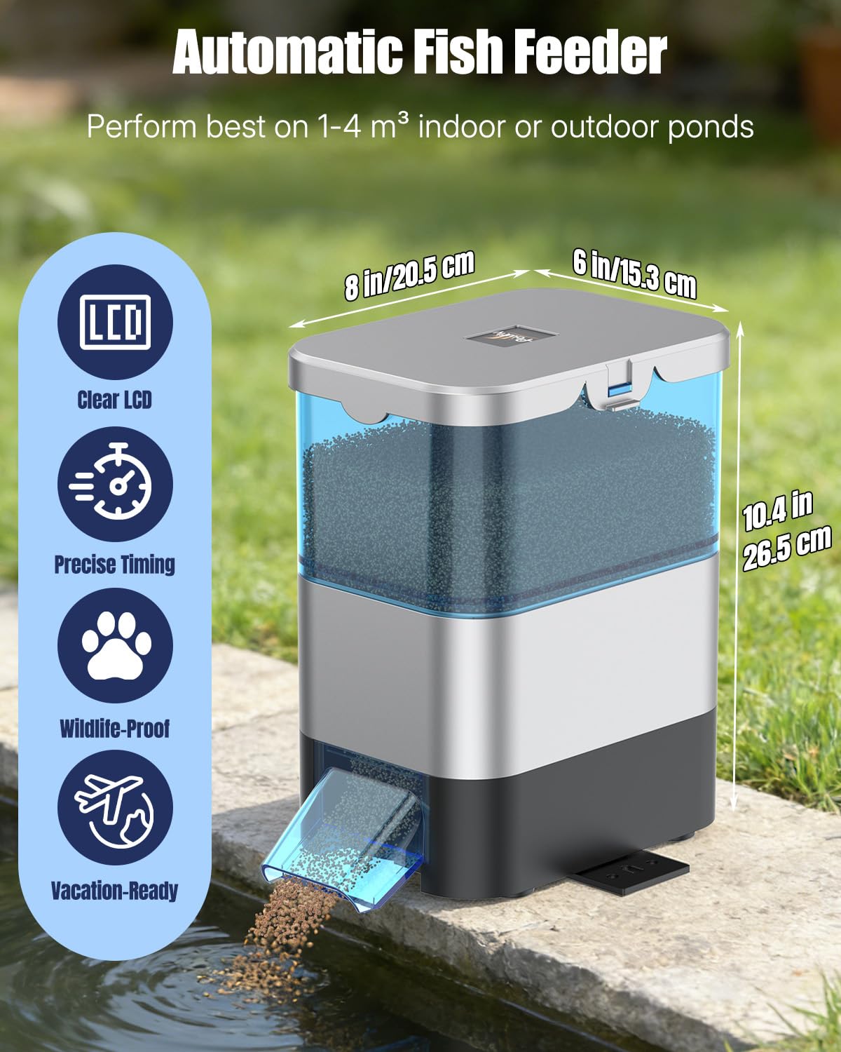 Pawfly Mangiatoia automatica per pesci per laghetto, grande capacità da 2,8 l, con timer, erogatore automatico regolabile, mangiatoia per pesci koi all'aperto a prova di umidità, alimentata a batteria