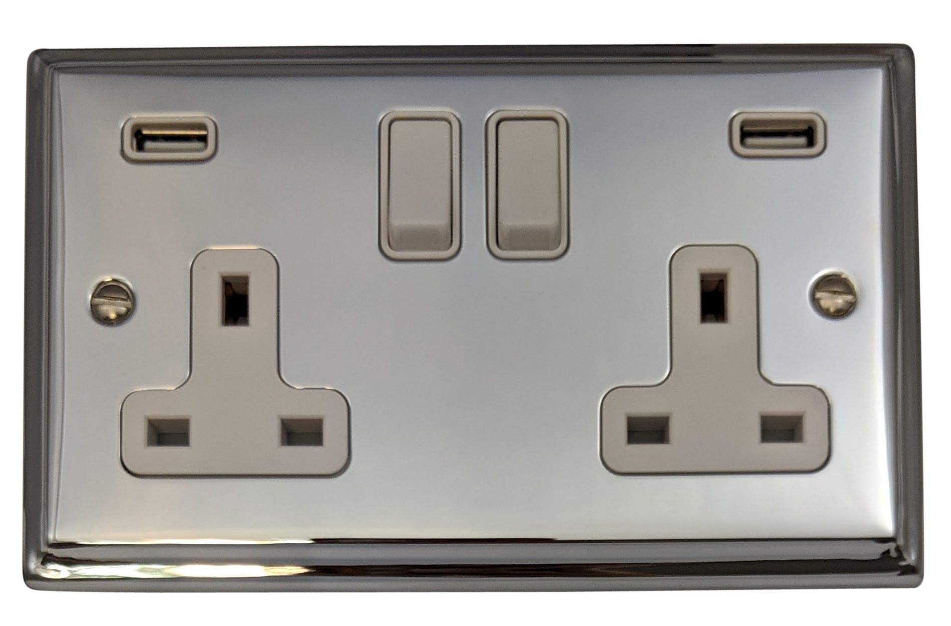 G&H Brassware G&H Dc910w Deco Plate Polished Chrome 2 Gang Double 13A Switched Plug Socket Usb