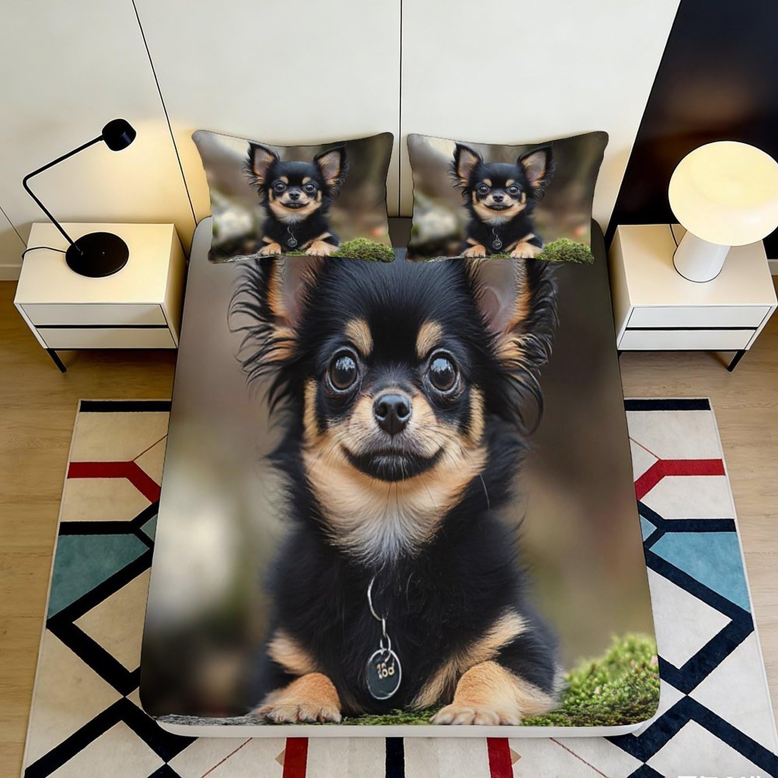 3D Printed Black Chihuahua Dog Fitted Sheet Microfiber Soft Anti-Slip Mattress Cover for Bedroom Guest Room Decor 90x200x25cm