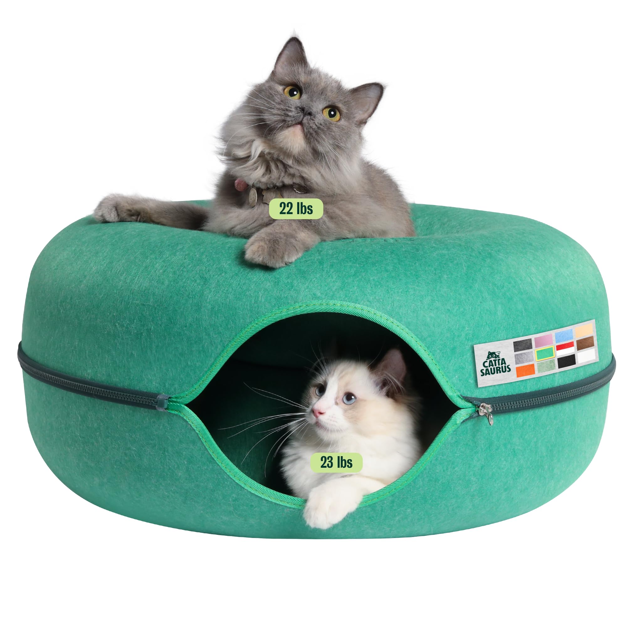 Cattasaurus Peekaboo Cat Cave Donut for Multiple & Large Cats up to 30-45 lbs, 3-in-1 Self Warming Cat Bed, Tunnel & Scratcher for Indoor Cats, Washable & Detachable Dog Bed (Forest Green, Large)