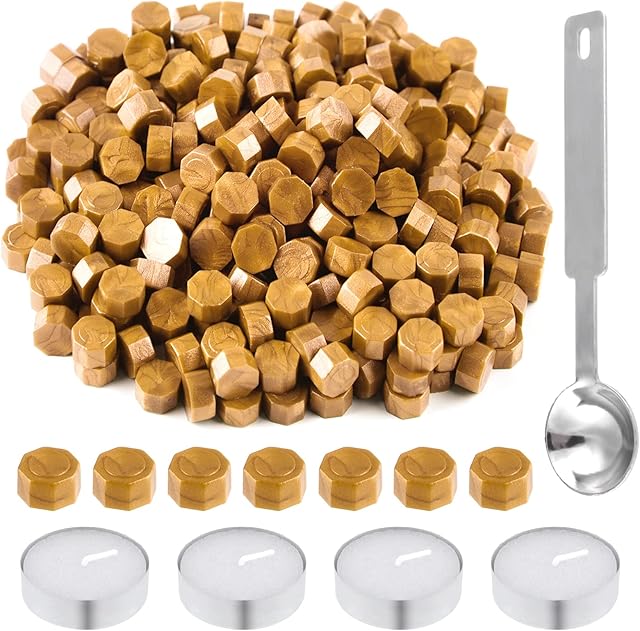 BOUIEXYE 500 Pcs Octagon Sealing Wax Beads Gold Wax Seal Beads with 4 Pcs Tea Candles and 1 Pcs Wax Melting Spoon for Crafts Letter Wine Greeting Cards Sealing
