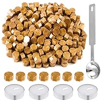 Vista 1 de 500 cuentas de cera de sellado octágono, cuentas de sello de cera dorada con 4 velas de té y 1 cuchara de fusión de cera para manualidades, letras
