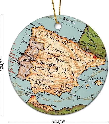 Miniatura 2 de Adorno de Navidad con mapa de España, adorno de árbol de Navidad, destino de 3.2 pulgadas, dos lados impresos con cuerda dorada, adorno moderno para