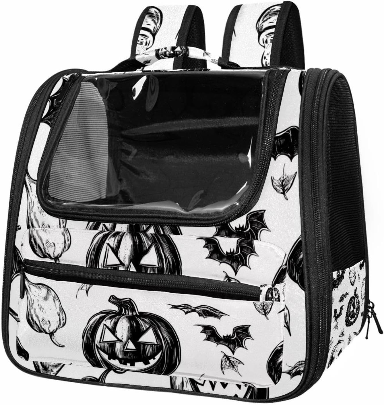 Portable Travel pet Backpack Carrier Hamster Bag Small Dog cat Carrier Breathable Hang Bag, Halloween Pumpkins Bats Skull