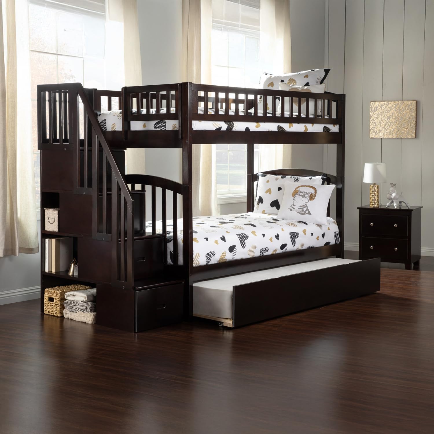 HomeStock Baroque Bliss Staircase Bunk Bed with Turbo Charger Space-Saving Design, Built-in Storage, Sturdy Frame Espresso/Twin Over Twin