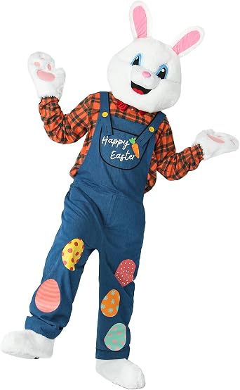 LETIME Easter Bunny Costume Adult Rabbit Mascot Costume Bunny Jumpsuit Dungarees with Plaid Shirt Cute Easter Bunny Head