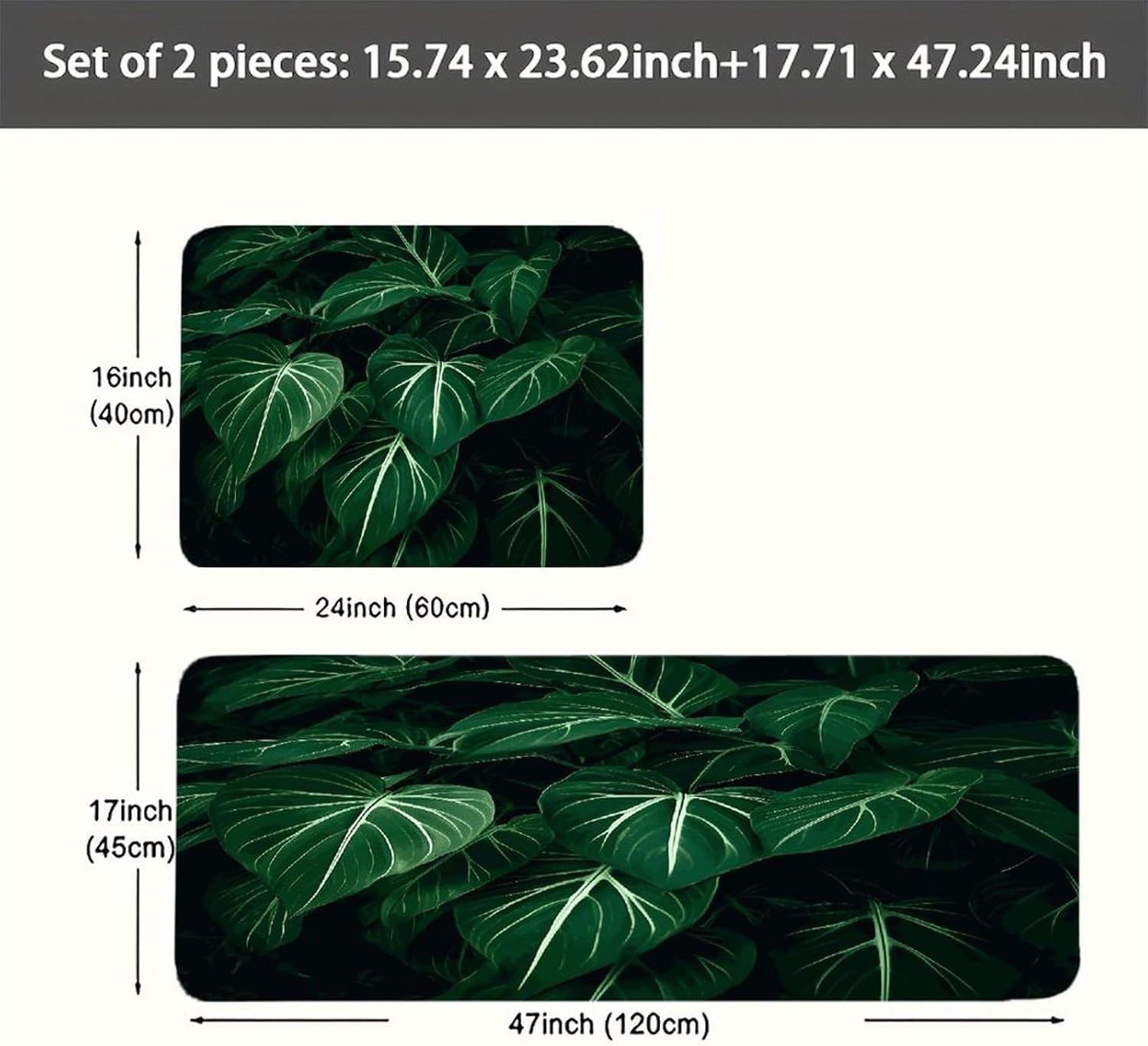 Green Long Leaves Kitchen Mats with 2PCS Non-Slip Washable,Kitchen Rug Heavy Duty Durable, Floor Mats for Kitchen,Office,Sink,Laundry