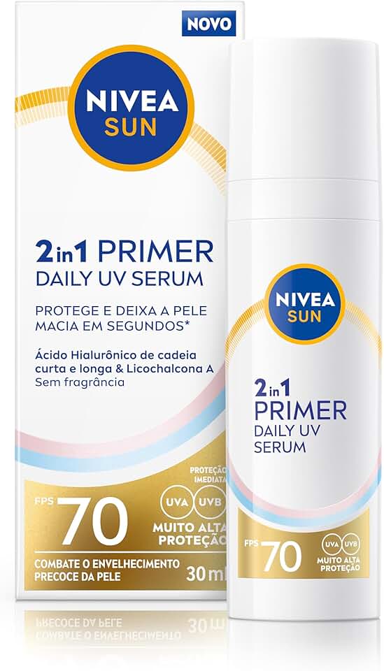 NIVEA SUN 2 em 1 Primer Daily UV Sérum FPS 70 30ml, Muito Alta Proteção UVA/UVB, Pele Uniforme, Prepara para Maquiagem, Ácido Hialurônico, Cuidado Facial