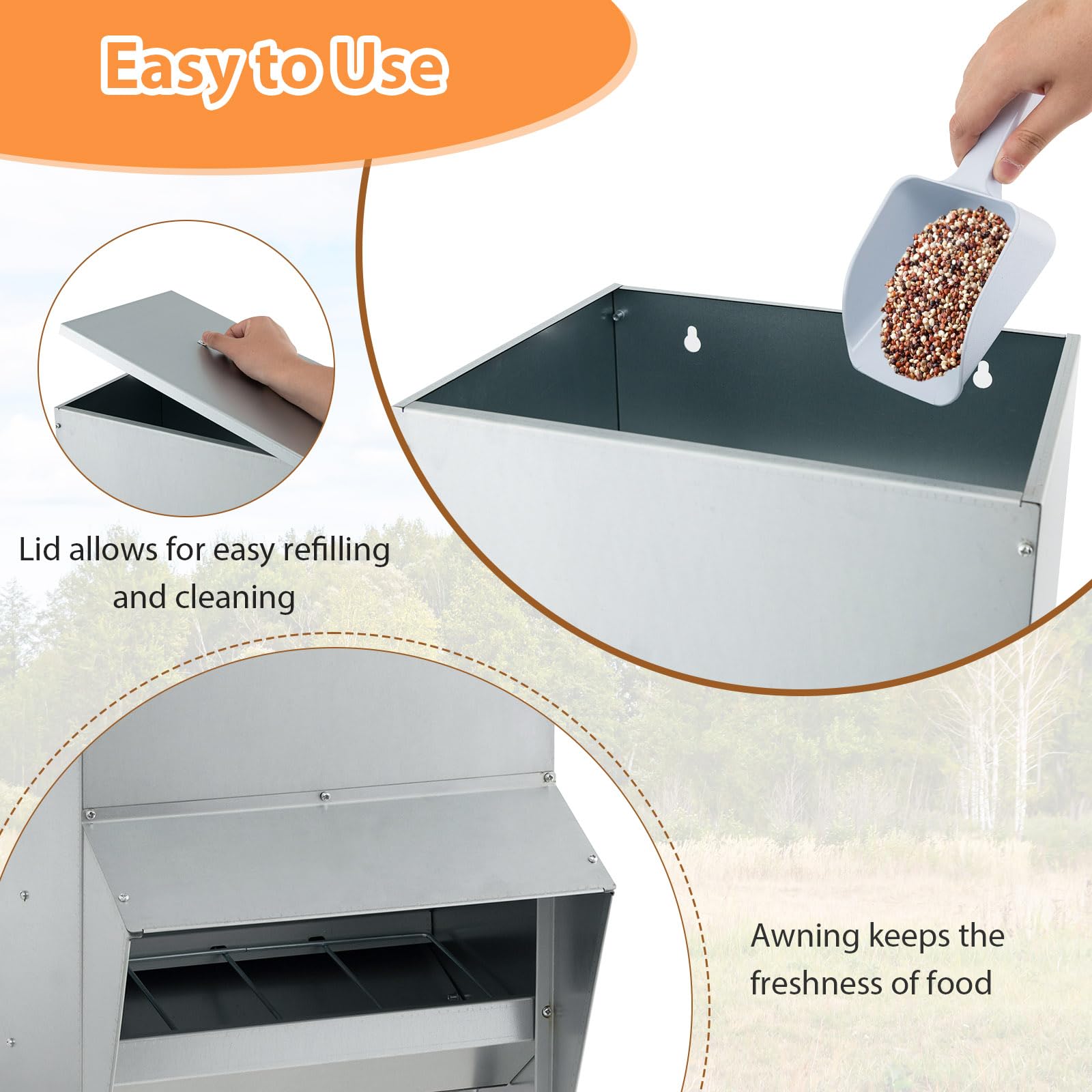 SOARS Mangiatoia per galline in metallo, capacità 22 kg, erogatore cibo su piedi e parete, con coperchio rimovibile, pre-foratura, per galline, oche, anatre, 35 x 26 x 54,5 cm