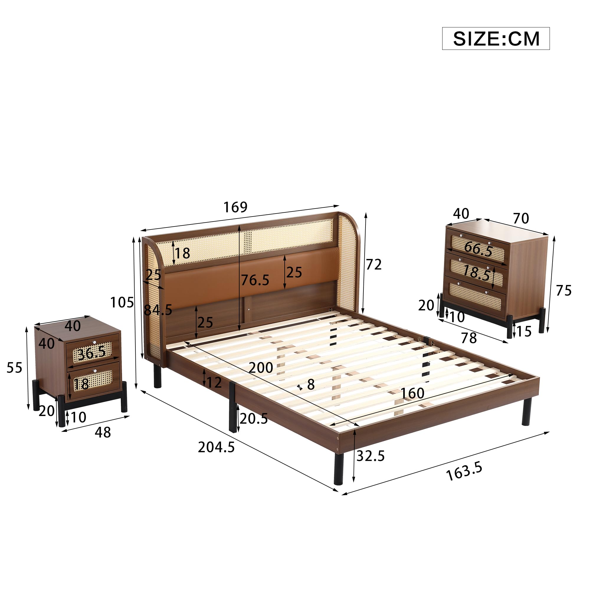 Set di 3 camere da letto complete, in rattan moderno, letto matrimoniale, comodino+cassettiera, 160 x 200 cm, letto matrimoniale con imbottitura in poliuretano e rattan, comodino con 2 cassetti,